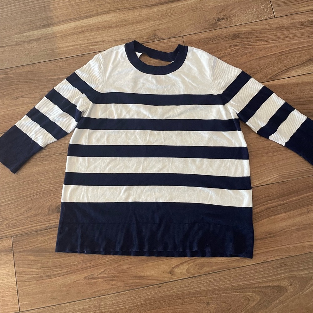 Liverpool Navy blue white striped sweater 3/4 sleeve keyhole back coastal sz XL